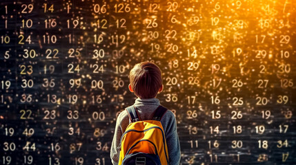 A boy wearing a backpack is looking at a large blackboard with numbers on it. The boy appears to be focused on the numbers, possibly trying to solve a math problem or just admiring the board