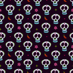 Seamless raster pattern with Mexican skulls.