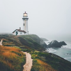 Fototapeta na wymiar a lighthouse on a hill by the ocean