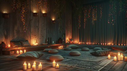 Tranquil Meditation Space with Candles and Cushions