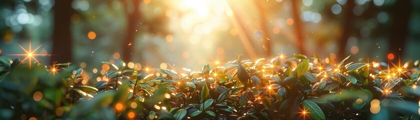 Forest, trees, serene, a tranquil glade where light filters through the leaves, birds chirping softly 3D render Golden hour lighting Lens Flare effect - obrazy, fototapety, plakaty
