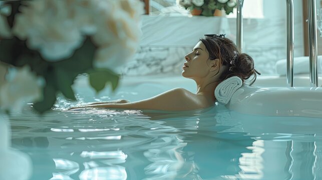 photo of a mom in spa relaxing, after kids have gone back to school, white aqua natural color theme, photo, hyper realism, photorealistic, sharp focus, 