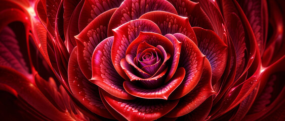 Scarlet red rose in bloom, circular fractal petals pattern, passionate surreal background art of love and romance.