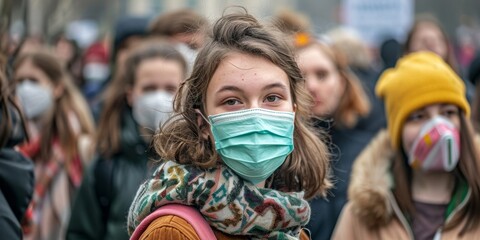 Obraz premium A woman wearing a mask and scarf stands in a crowd of people