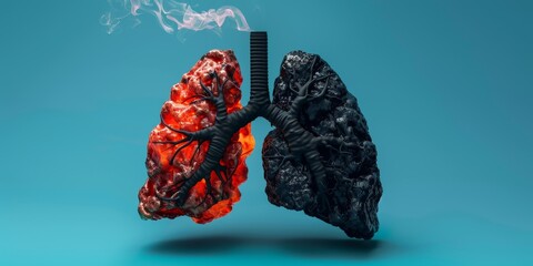 A close up of two lungs, one black and one red, with smoke coming out of them - obrazy, fototapety, plakaty