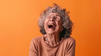 Photo of a old lady with curly hair is laughing with an orange background, in the style of meticulous realism, detailed character illustrations, dreamcore, surreal, absurd  