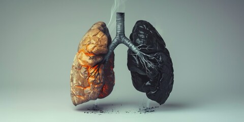 A black and white image of a lung with a black and red section - obrazy, fototapety, plakaty
