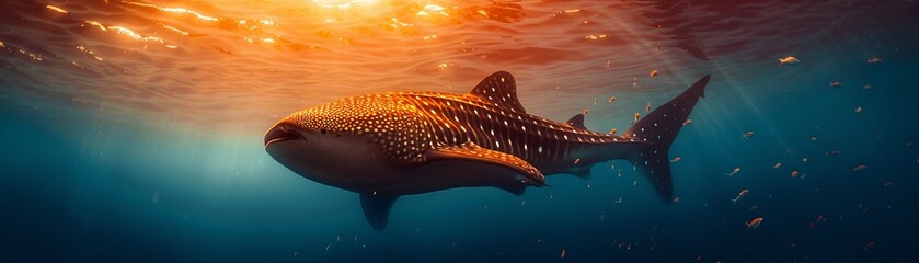 Majestic Whale Shark, Bioluminescent Glow, Exploring the mysterious depths of the ocean, Photography, Golden Hour, Depth of Field Bokeh Effect - obrazy, fototapety, plakaty