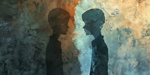 Two silhouettes of people, one with a blue shirt - obrazy, fototapety, plakaty