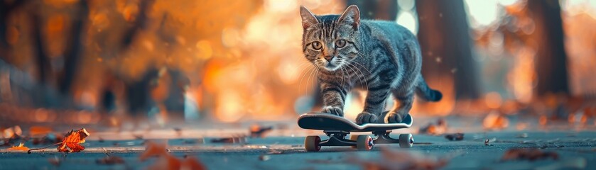 Mischievous cat on a skateboard, exploring a colorful park, under a shimmering sunlight, with a touch of depth of field bokeh effect - obrazy, fototapety, plakaty