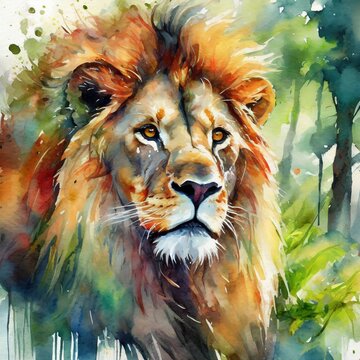 a dynamic watercolor painting poster featuring a lion in its natural habitat. Utilize bold colors and energetic brushwork to capture the raw energy and untamed beauty of the king of the jungle, making