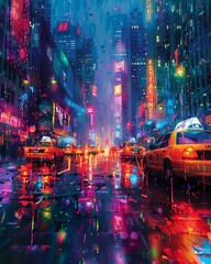 Sparkling Neon Cityscape, Futuristic Skyscrapers, Glowing Streets, Digital Holograms, Vibrant Technicolor, Algorithmic Art