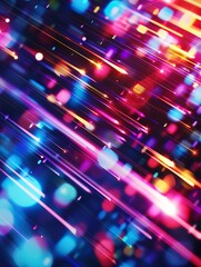 Abstract digital technology background with blurred multicolored lights and dynamic streaks, featuring precisionist geometric lines
