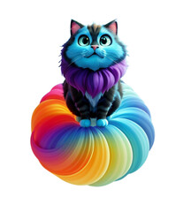 虹色に輝く猫、レインボー色の雲にちょこんと座っている、三角耳が可愛いネコ