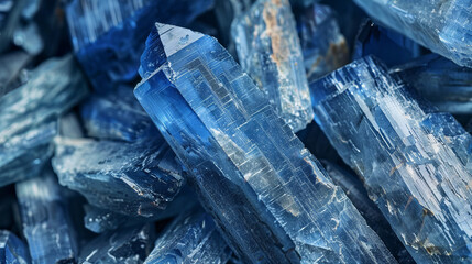 Macro photography of a focus on the longitudinal striations and color gradation of blue kyanite crystal cluster
