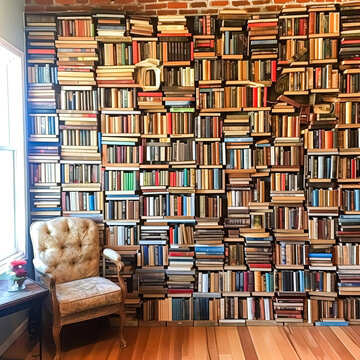 A bookcase filled with books of various sizes and colors. The books are arranged in a way that creates a sense of depth and dimension. The image conveys a feeling of knowledge and learning