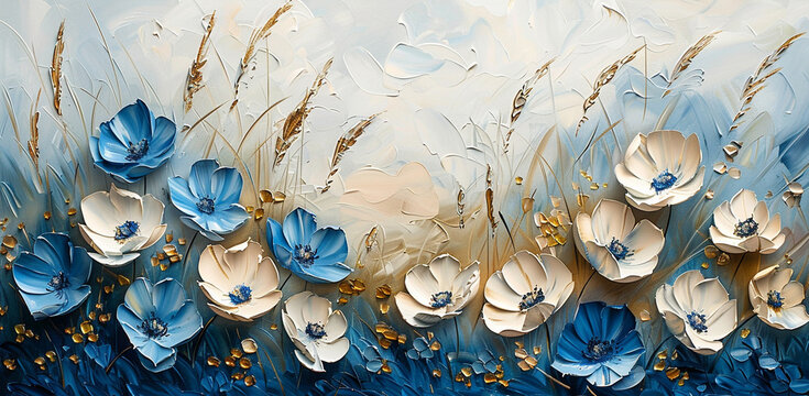 3D oil painting of white and blue flowers, detailed, vintage, neutral tones, meadow landscape