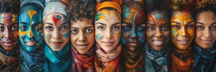 Group of women with artistic face paint and headscarves. Captures cultural art and beauty, suitable for art, fashion, and diversity themes. - obrazy, fototapety, plakaty