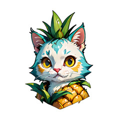 Tropical Tabbypine.
Illustrated cat with pineapple body, ideal for summery designs, isolated on white for easy editing.