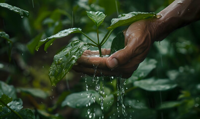 picture of hand watering the sapling of the plant