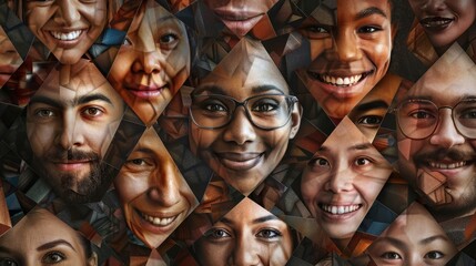 Collage of Diverse Faces with Warm Smiles. A captivating mosaic of smiling faces from various ethnic backgrounds celebrating global diversity. Suitable for diversity, unity, and happiness themes. - obrazy, fototapety, plakaty
