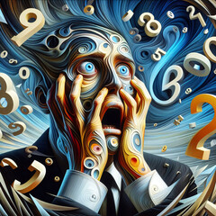 scared businessman surrounded by numbers