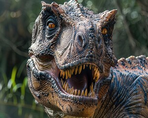 Closeup of a Giganotosaurus in corporate restructuring, showcasing its impact in organizational changes, great for business transformation - obrazy, fototapety, plakaty