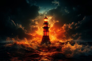 A lighthouse stands tall and steady amidst the swirling fog, casting its guiding light across the lonely sea.The concept of loneliness and hope is depicted through this striking image. - obrazy, fototapety, plakaty