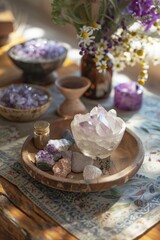 Obraz na płótnie Canvas Capture the essence of holistic healing practices in a stunning long shot Show a serene setting with elements like crystals, herbs, and natural light to evoke a sense of peace and wellbeing 