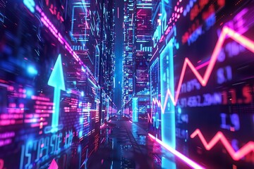 Cyberspace pulses with financial growth and decline arrows, neonlit economic activity - obrazy, fototapety, plakaty