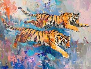 Fototapeta na wymiar Painting tiger wall art shows strength and victory.