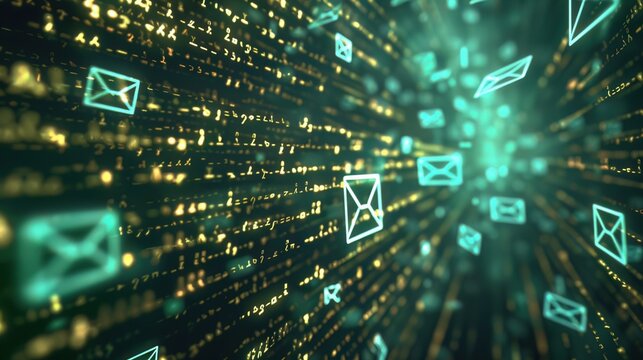 Cybersecurity in data transfer, with bright email symbols safeguarding the information