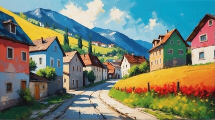 rural street town in austria theme oil pallet knife paint painting on canvas with large brush strokes modern art illustration from Generative AI