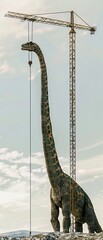 Detailed shot of a Brachiosaurus as a construction crane, capturing its height in aiding building projects, great for construction industry analogies