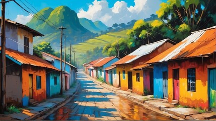 rural street town in brazil theme oil pallet knife paint painting on canvas with large brush strokes modern art illustration from Generative AI - obrazy, fototapety, plakaty