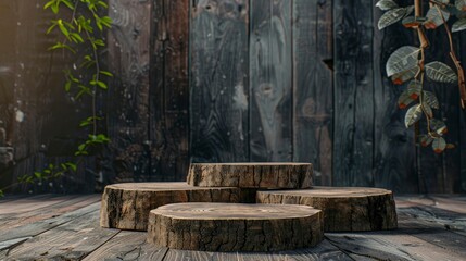 Rustic wood pieces podium. Background for perfume, jewellery and cosmetic products. Front view - generative ai