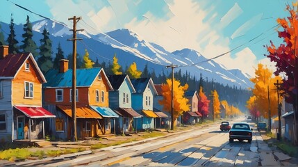 rural street town in canada theme oil pallet knife paint painting on canvas with large brush strokes modern art illustration from Generative AI - obrazy, fototapety, plakaty
