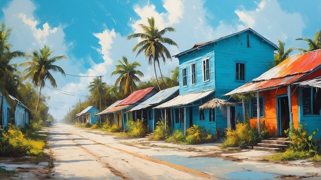 rural street town in bahamas theme oil pallet knife paint painting on canvas with large brush strokes modern art illustration from Generative AI