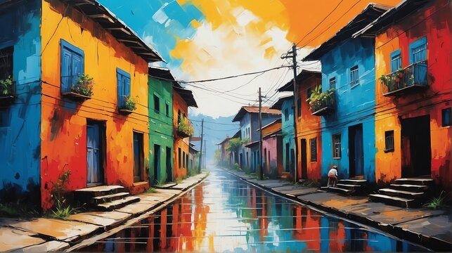 rural street town in brazil theme oil pallet knife paint painting on canvas with large brush strokes modern art illustration from Generative AI