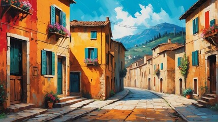 rural street town in italy theme oil pallet knife paint painting on canvas with large brush strokes modern art illustration from Generative AI