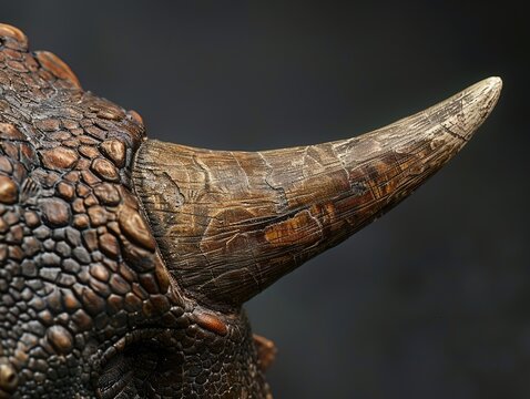 Detailed view of a Ceratosaurus nose horn, emphasizing the distinctive features used for display or combat, great for species differentiation