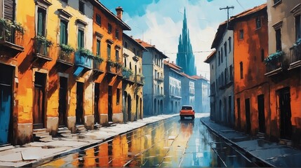 Obraz premium rural street town in milan theme oil pallet knife paint painting on canvas with large brush strokes modern art illustration from Generative AI