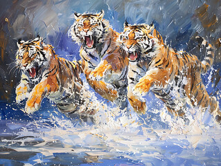 Painting tiger wallpaper shows strength and victory.