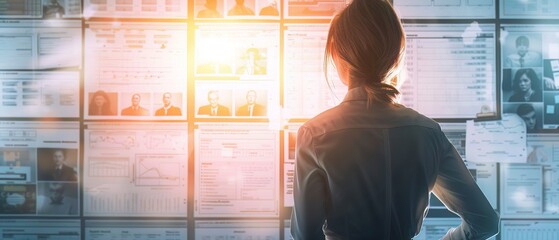 Female sleuth viewing a large investigation chart with timelines and suspect photos in a bright, organized bureau, procedural style - obrazy, fototapety, plakaty