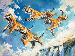 Fototapeta na wymiar Painting tiger wallpaper shows strength and victory.