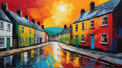 Foto op Plexiglas rural street town in united kingdom theme oil pallet knife paint painting on canvas with large brush strokes modern art illustration from Generative AI © SevenThreeSky