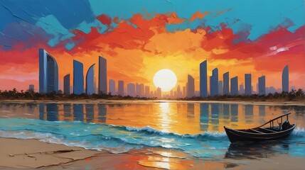 Sunset in abu dhabi united arab emirates theme oil pallet knife paint painting on canvas with large brush strokes modern art illustration abstract from Generative AI - obrazy, fototapety, plakaty