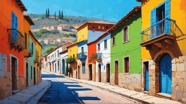 rural street town in spain theme oil pallet knife paint painting on canvas with large brush strokes modern art illustration from Generative AI