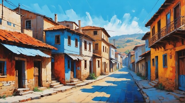 rural street town in turkey theme oil pallet knife paint painting on canvas with large brush strokes modern art illustration from Generative AI