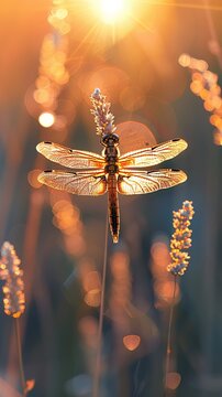 Highdefinition image of a dragonfly resting on a reed, its wings shimmering in the sunlight, ideal for wildlife photography